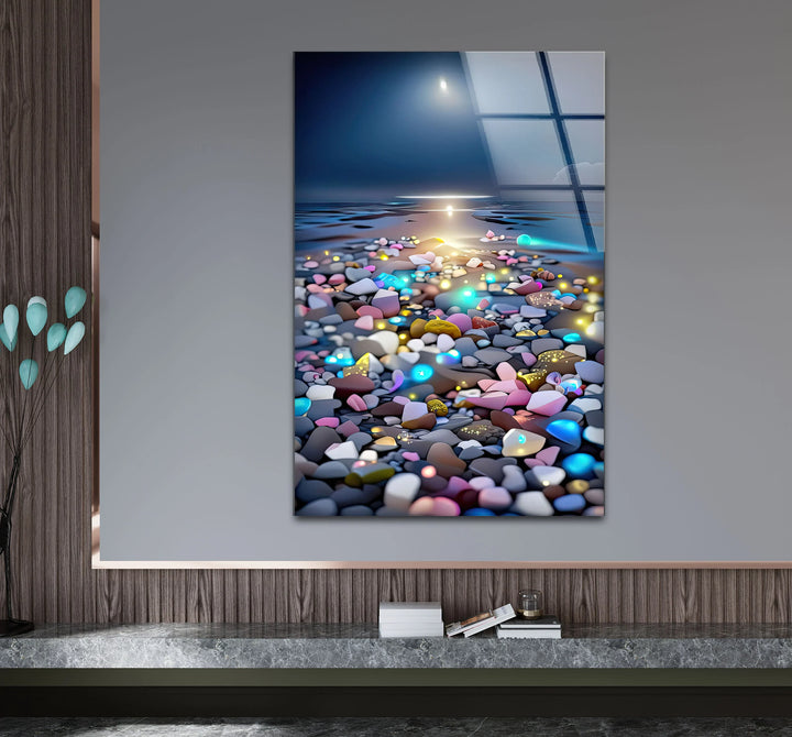 Colorful Pebble Beach at Sunset – Dreamy Ocean Glass Wall Art for Modern Decor - MyPhotoStation