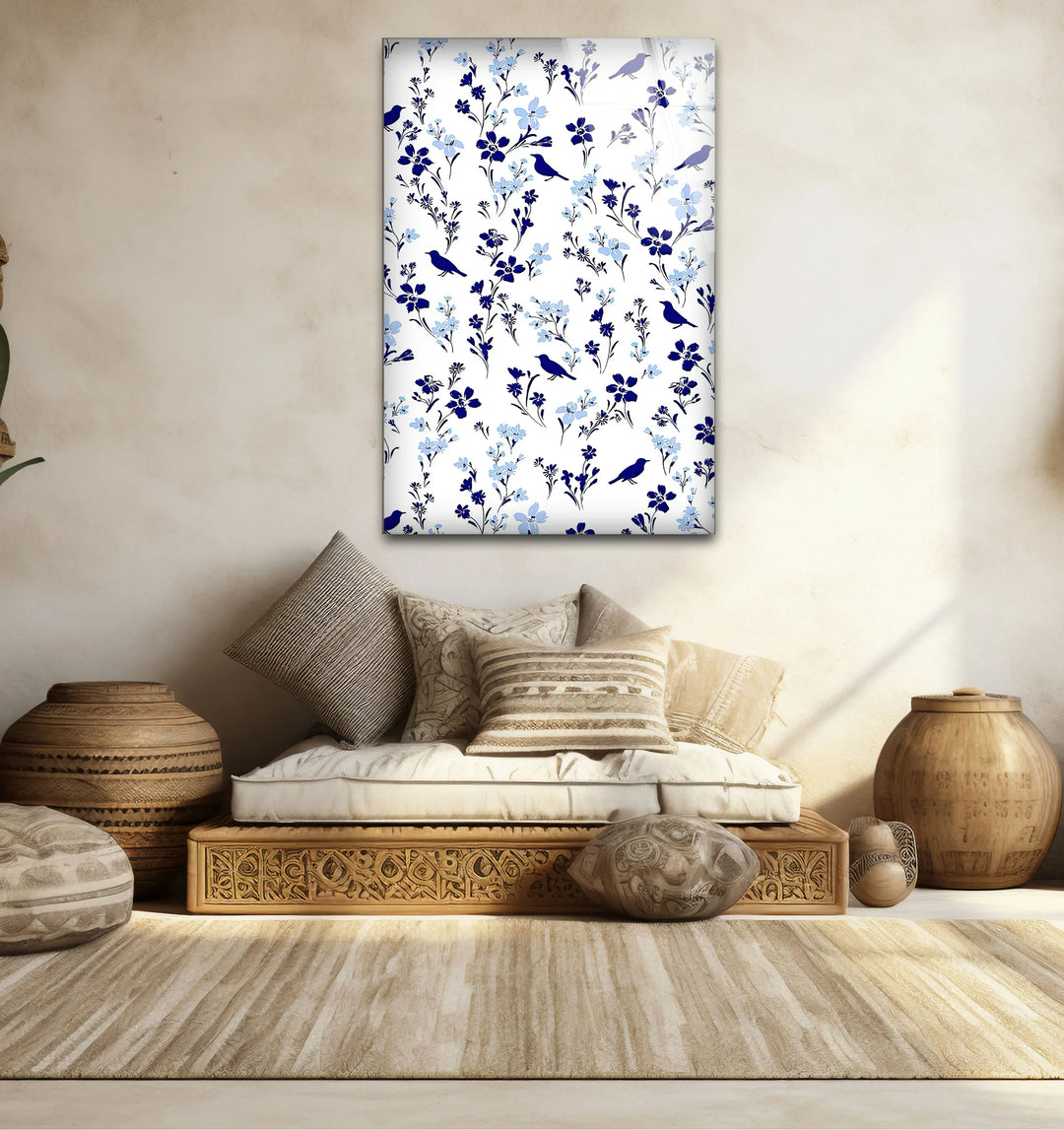 Blue Bird and Wildflower Pattern Wall Art – Elegant Floral Glass Print for Nature Lovers - MyPhotoStation