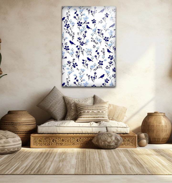 Blue Bird and Wildflower Pattern Wall Art – Elegant Floral Glass Print for Nature Lovers - MyPhotoStation