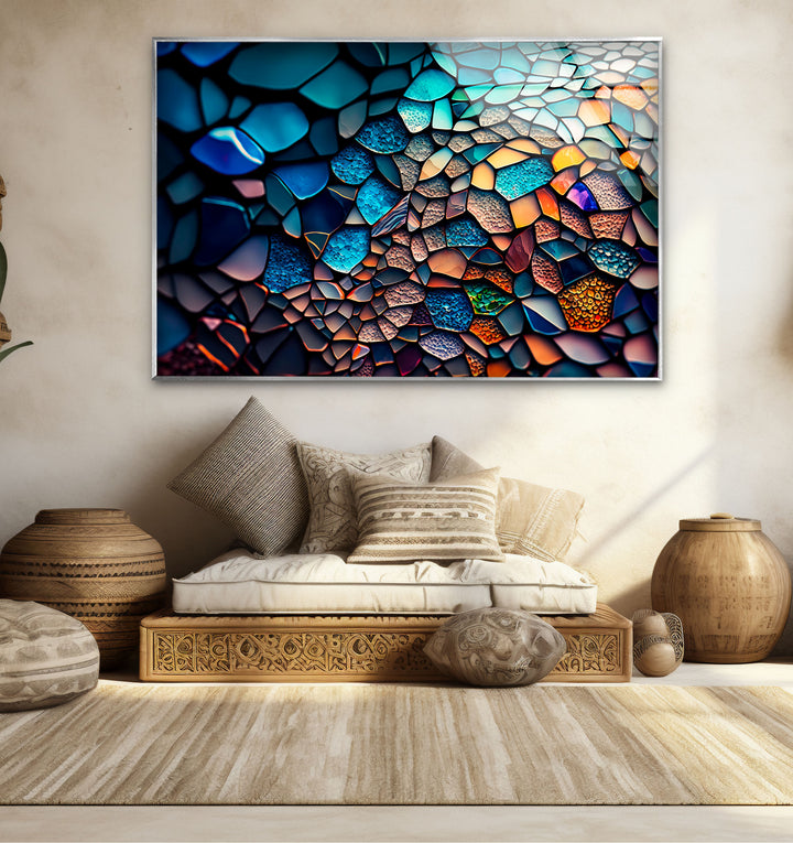 Strukturierte Mosaik-Glaswandkunst – Farbpalette des tiefen Ozeans, abstraktes steinähnliches Design 