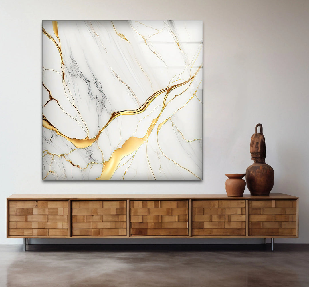 White Marble Wall Art with Gold Veins – Elegant Abstract Glass Print for Modern Luxury Interiors - MyPhotoStation