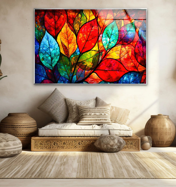 Vibrant Stained Glass Leaf Wall Art – Colorful Botanical Glass Decor - MyPhotoStation