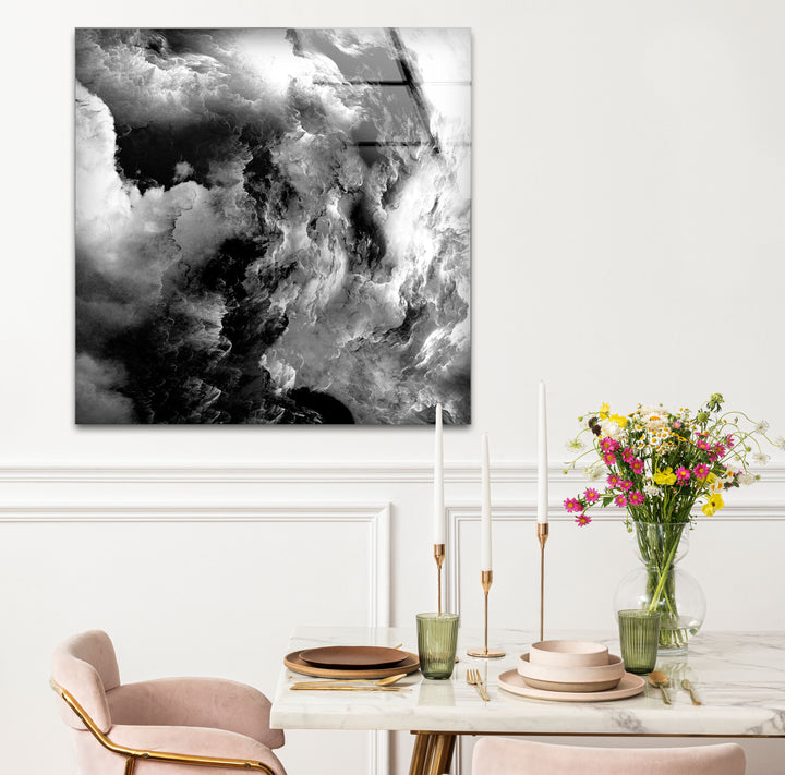 Monochrome Storm Wall Art – Black and White Cloud Glass Print Decor