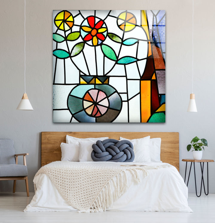 Floral Stained Glass Wall Art – Colorful Flower Vase Mosaic Panel