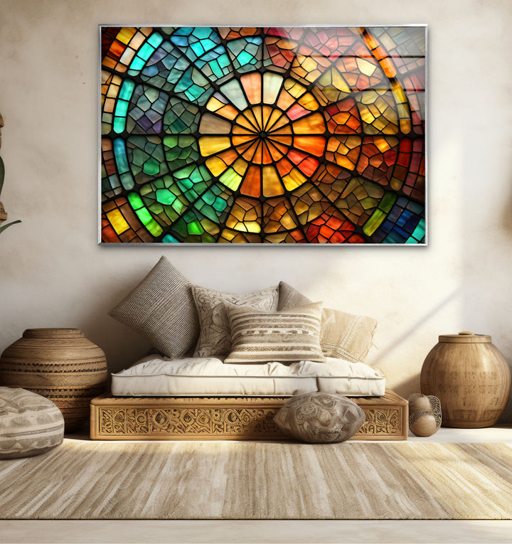 Radiant Wheel Mosaic Stained Glass Wall Art – Colorful Circular Window Decor