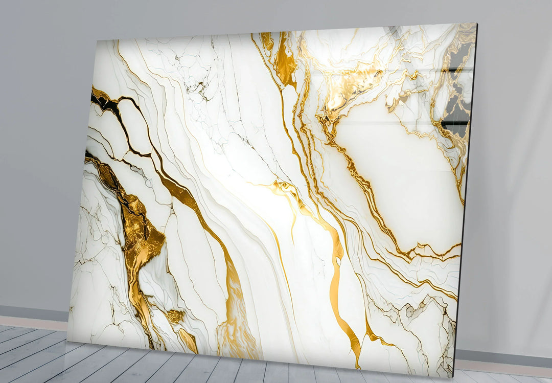 Gold Vein Marble Wall Art – Elegant White & Gold Glass Print for Modern Interiors - MyPhotoStation