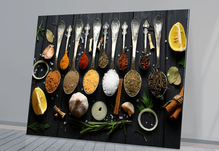 Rustic Kitchen Spices Glass Wall Art – Culinary Herb Spoon Print - MyPhotoStation