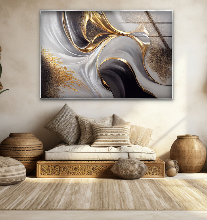 Gold Black White Abstract Wall Art – Elegant Fluid Wave Glass Print for Luxury Interiors