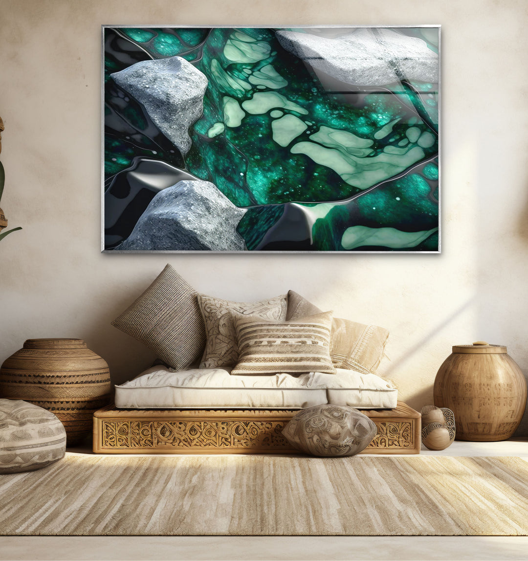Emerald Stone Texture Wall Art – Abstract Green Glass Print with Marble and Rock Elements for Contemporary Nature-Inspired Decor