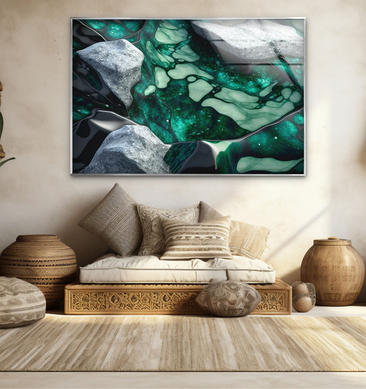 Emerald Stone Texture Wall Art – Abstract Green Glass Print with Marble and Rock Elements for Contemporary Nature-Inspired Decor