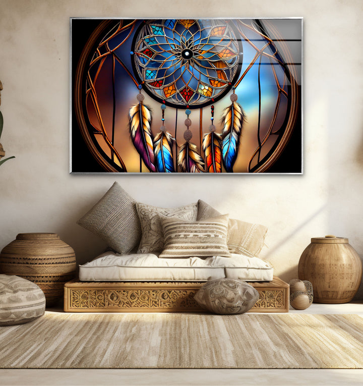 Dreamcatcher Stained Glass Wall Art – Boho Spirit Window Design, Tribal Home Decor