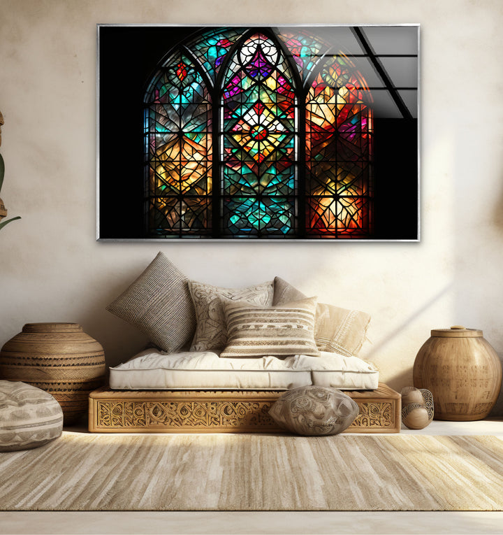 Gothic Cathedral Stained Glass Wall Art – Colorful Sacred Window Panel Decor
