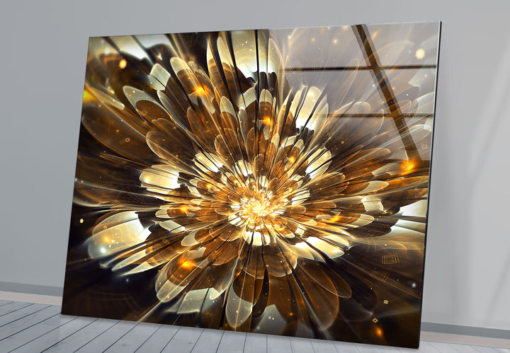 Golden Bloom Burst Wall Art – Radiant Abstract Flower Glass Print