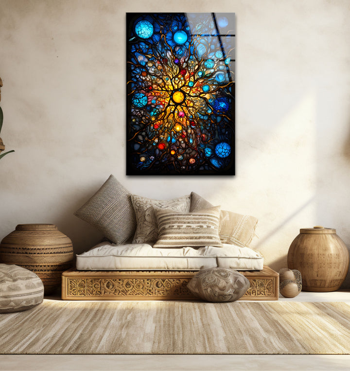 Celestial Stained Glass Wall Art – Cosmic Sunburst Galaxy Design