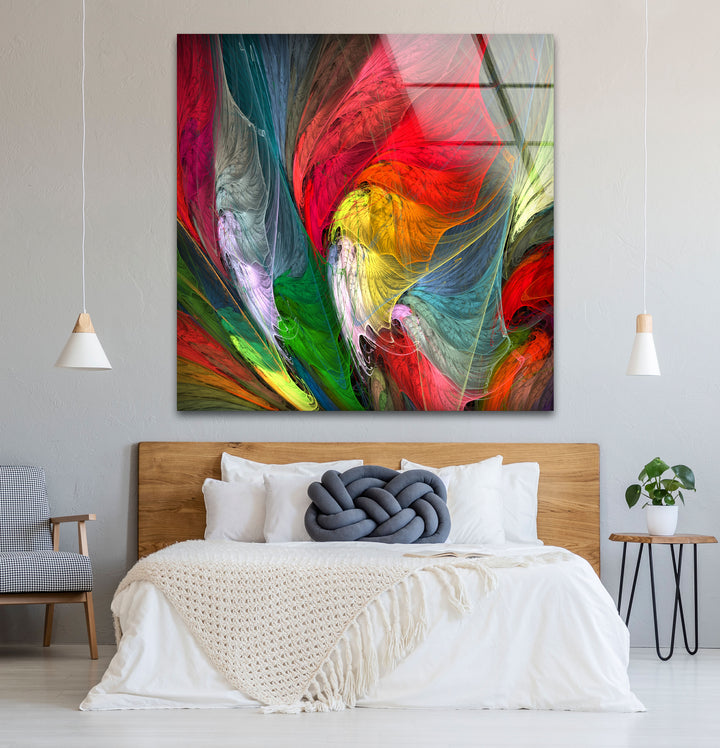 Colorful Feather Burst Wall Art – Abstract Rainbow Glass Print Decor