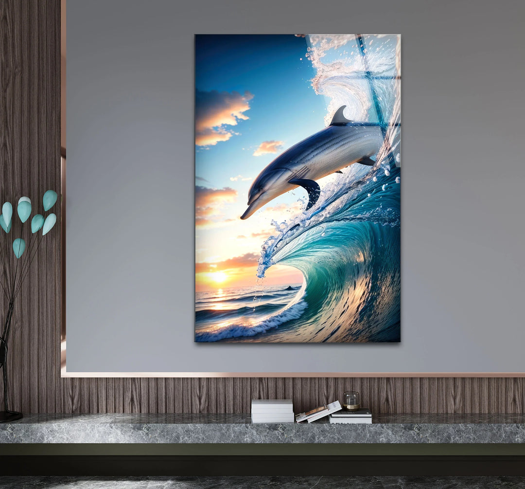 Jumping Dolphin Glass Wall Art – Ocean Wave Sunset Scene for Coastal Decor - MyPhotoStation