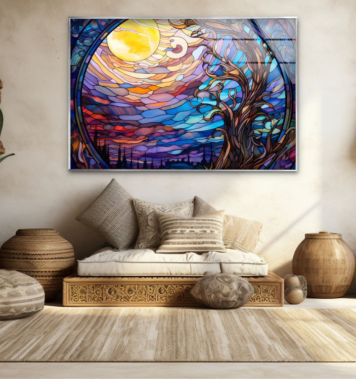 Mystic Moon Buntglas-Wandkunst – Verzauberter Baum &amp; Nachthimmel-Dekor