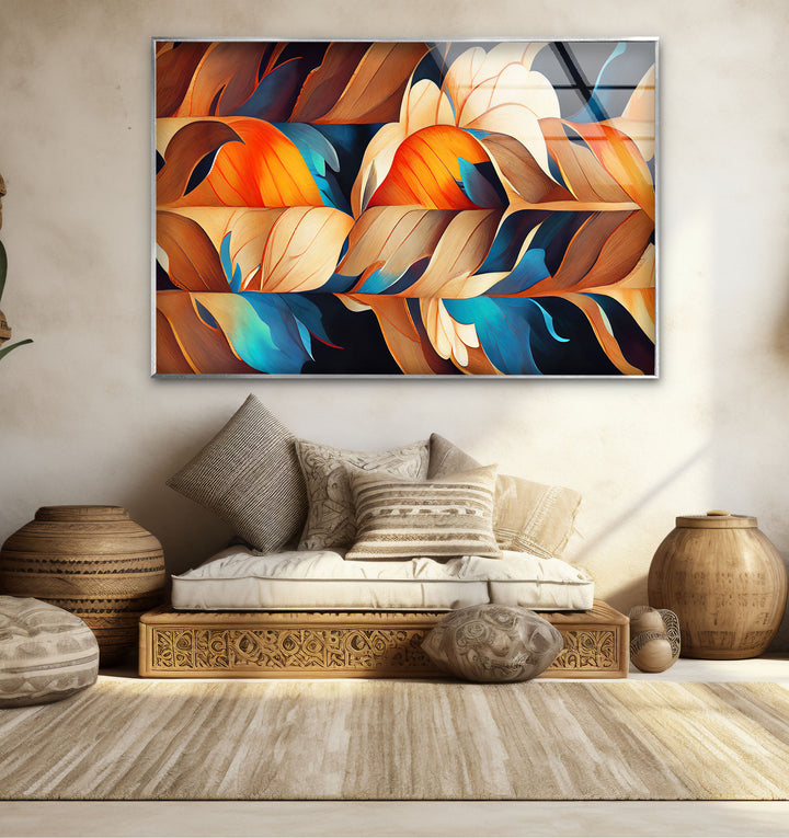 Abstract Feather Flow Glass Wall Art – Earthy Orange & Teal Nature Design