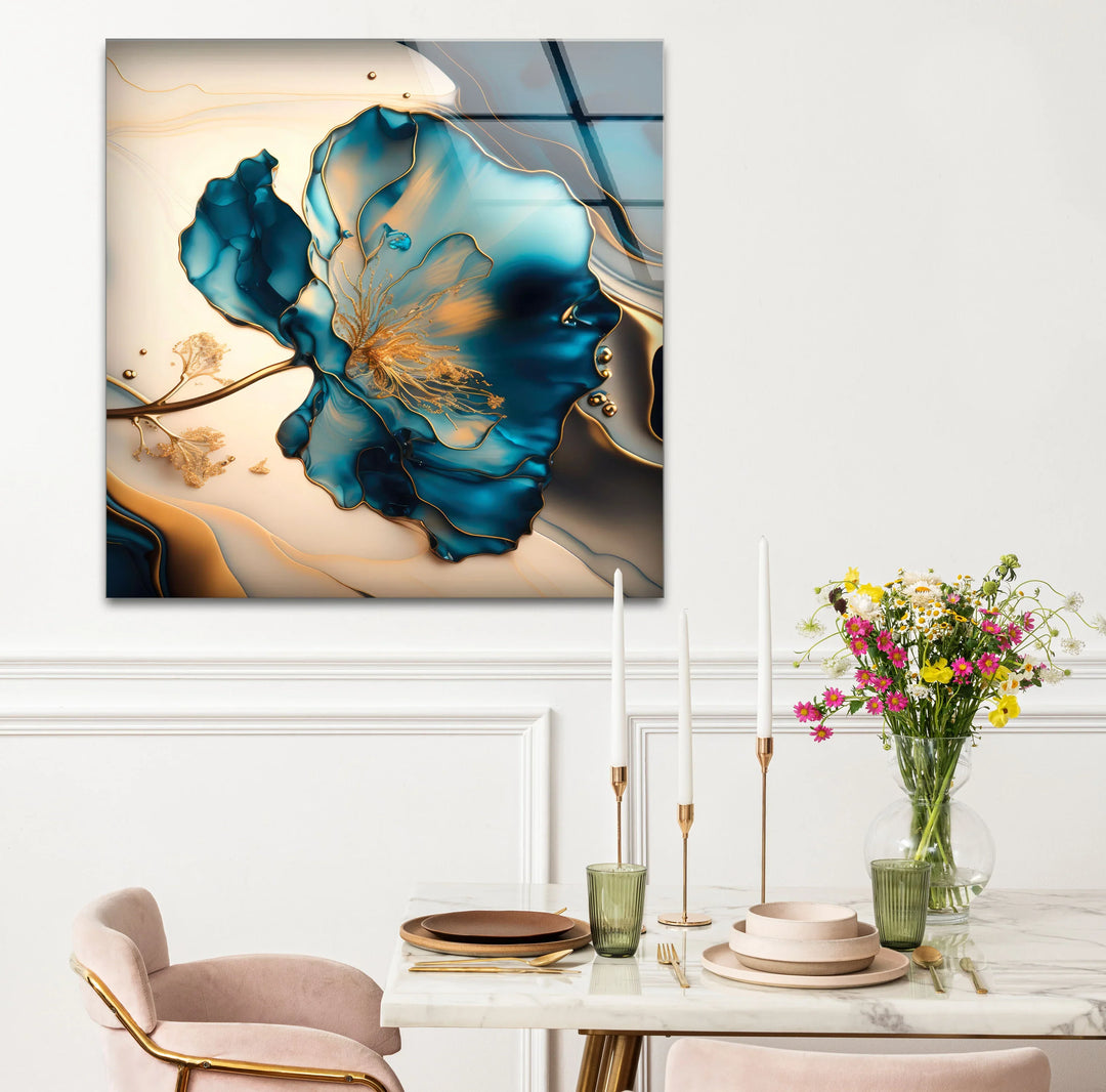 Luxury Blue Gold Floral Wall Art – Elegant Glass Print for Living Room or Office - MyPhotoStation