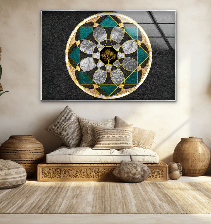 Wandkunst mit heiliger Geometrie, Baum des Lebens – Moderne Glasplatte mit goldenem Mandala-Design