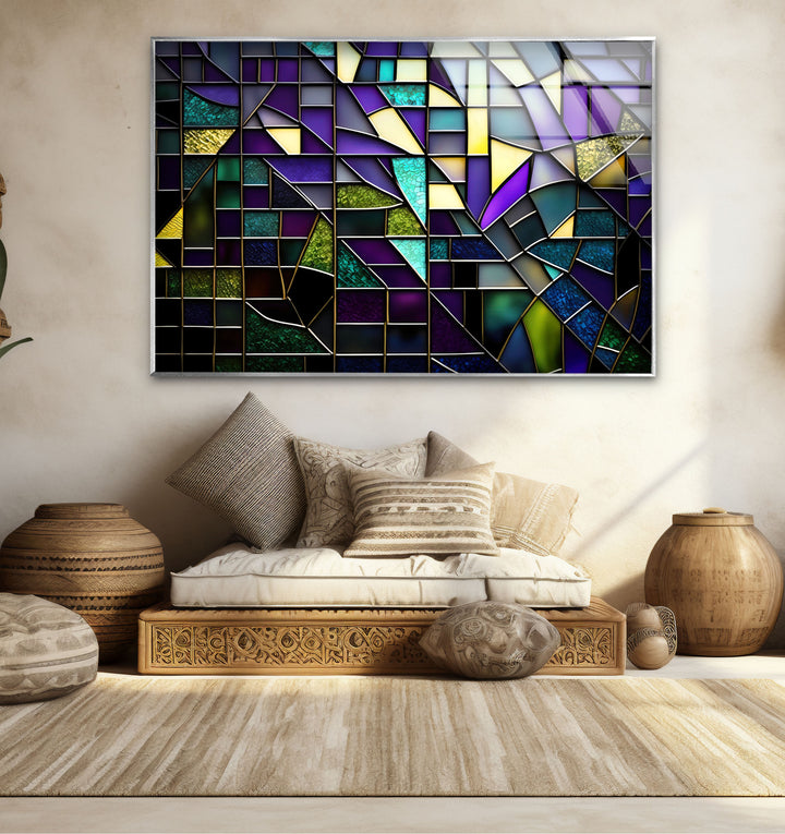 Modern Abstract Stained Glass Wall Art – Purple & Gold Geometric Decor