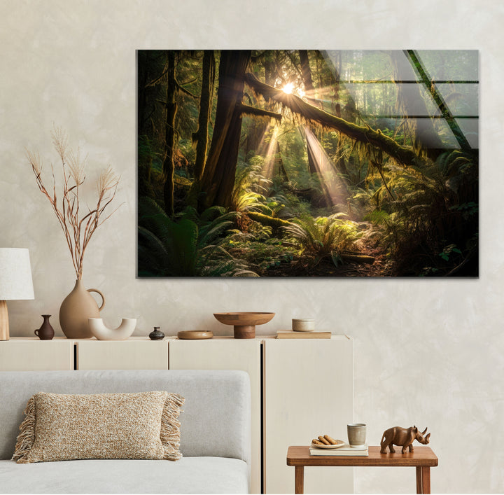 Enchanted Forest Wall Art – Sunlight Through Trees Glass Print for Nature-Inspired Decor