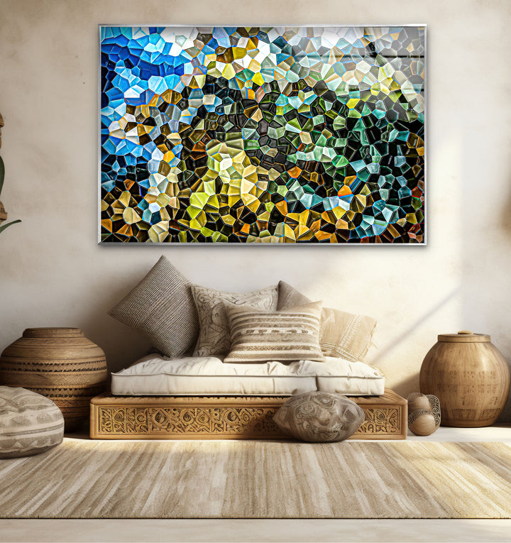 Abstract Mosaic Landscape Glass Wall Art – Colorful Geometric Nature Design