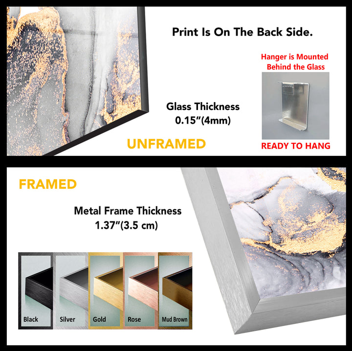 Monochrome Marble Glass Wall Art – Black White & Gold Luxury Abstract Print
