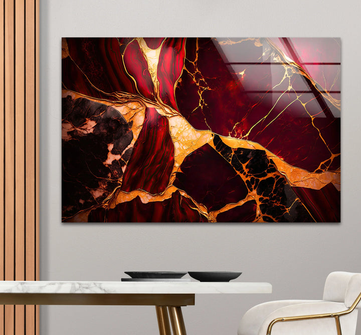 Red and Gold Marble Wall Art – Luxurious Crimson Glass Print with Cracked Vein Pattern for Bold Modern Interiors - MyPhotoStation