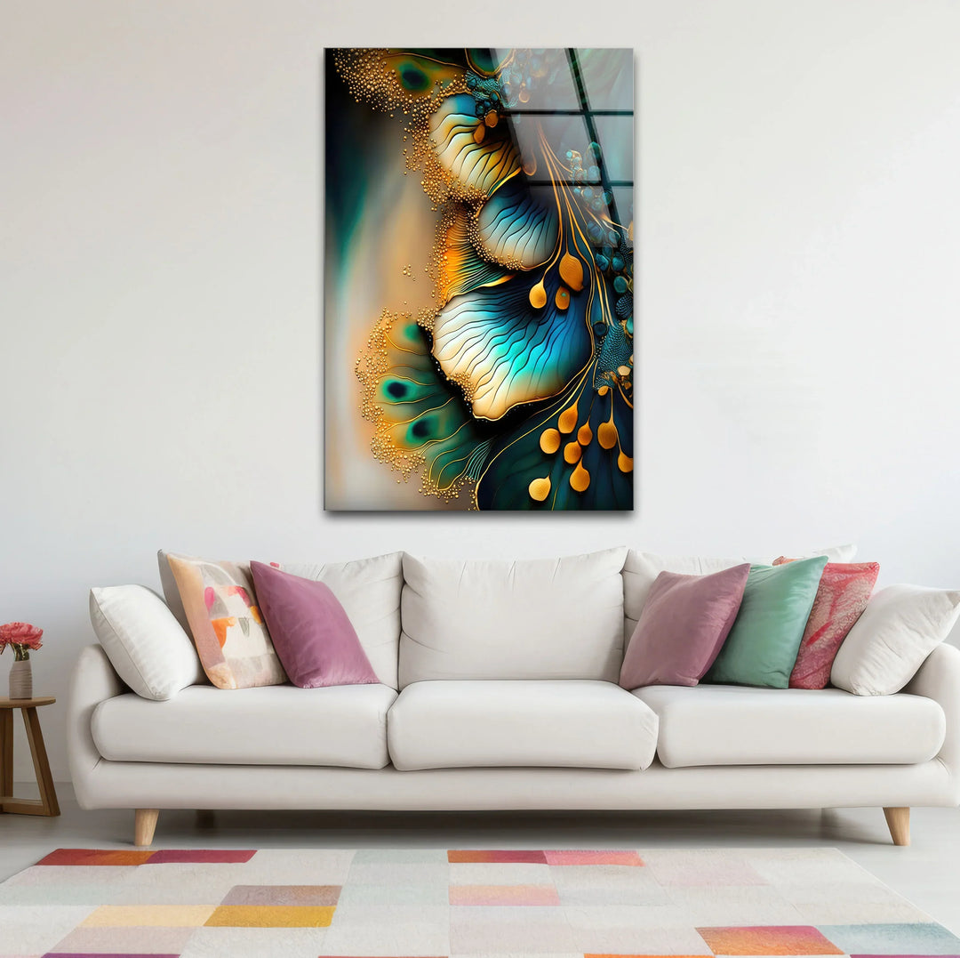 Teal Gold Abstract Floral Glass Wall Art – Elegant Botanical Flow Design - MyPhotoStation