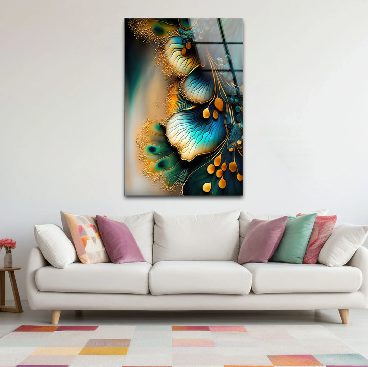 Teal Gold Abstract Floral Glass Wall Art – Elegant Botanical Flow Design - MyPhotoStation