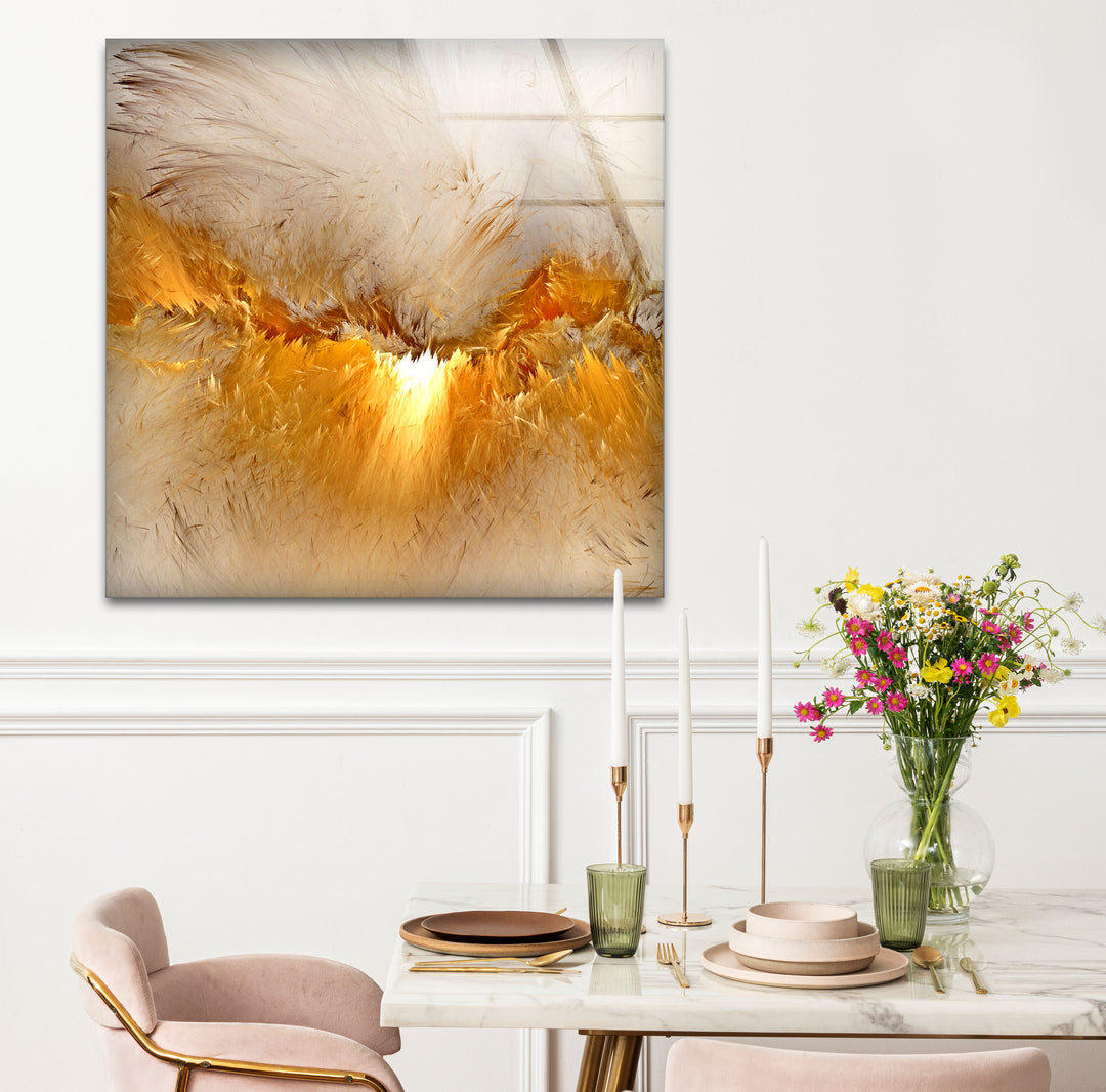 Golden Feather Storm Wall Art – Abstract Light Burst Glass Print