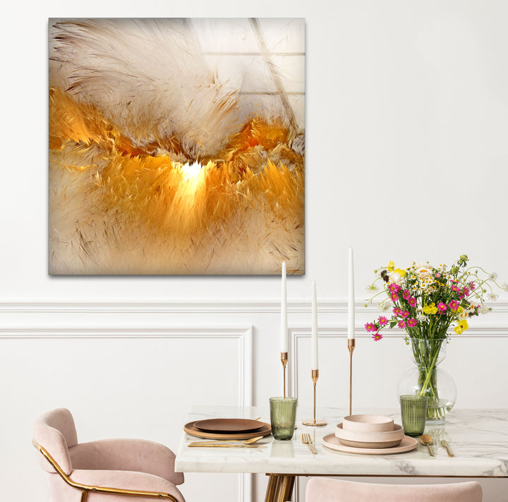 Golden Feather Storm Wall Art – Abstract Light Burst Glass Print