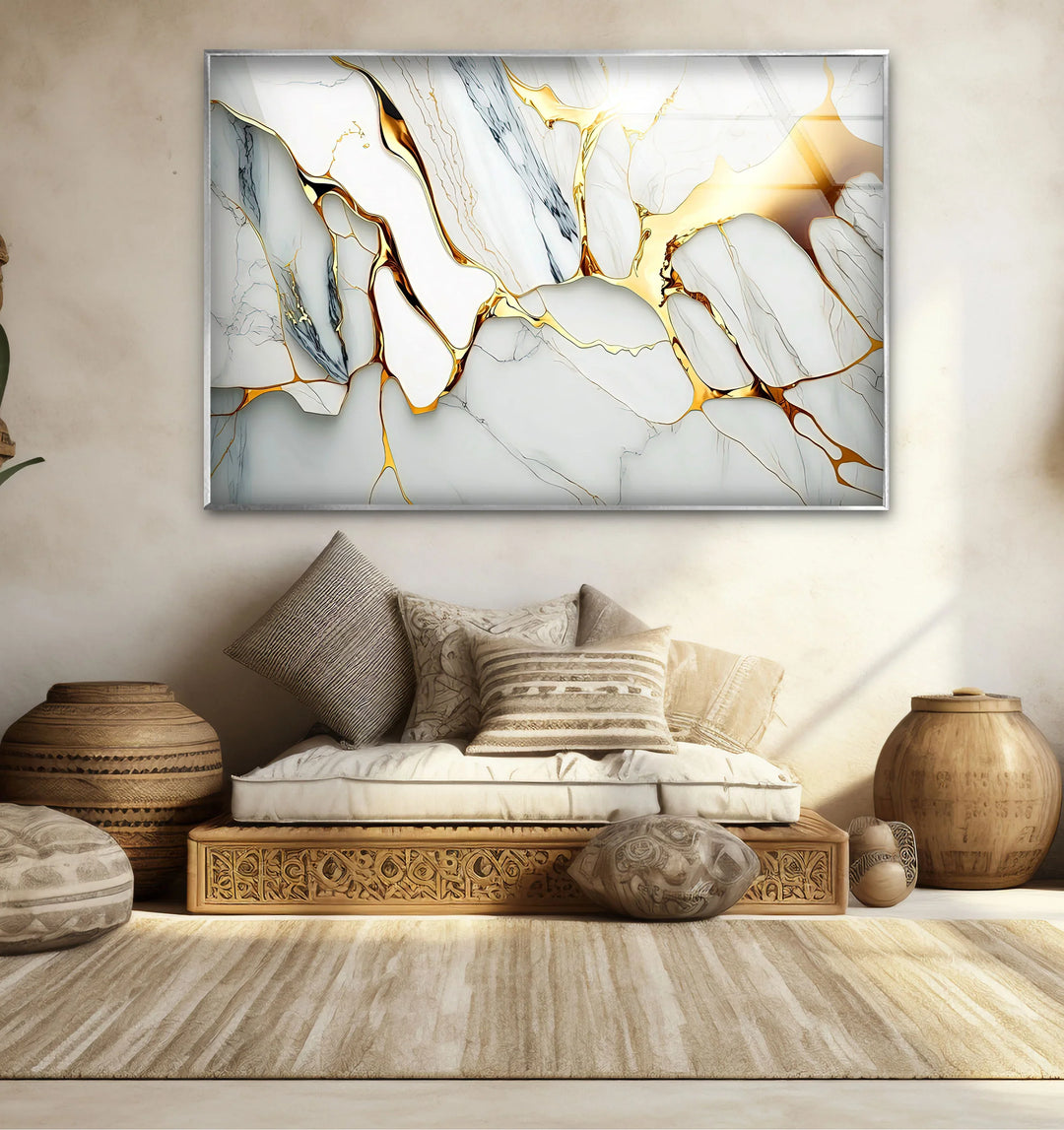 Gold Vein Marble Wall Art – Elegant White Glass Print with Metallic Cracks for Modern Luxe Interior Decor - MyPhotoStation