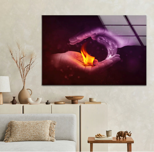 A balanced interplay of fiery orange and ethereal purple creates visual rhythm in this tempered glass wall art, depicting duality.