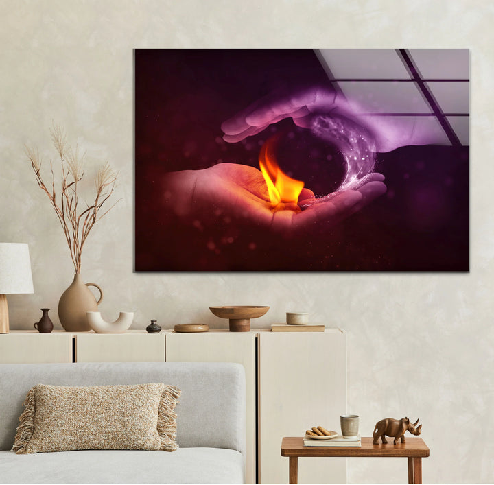 Fire and Water Yin Yang Wall Art – Duality Hands Glass Print for Modern Decor - MyPhotoStation