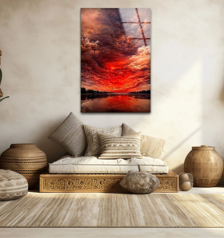 Fiery Sunset Sky Glass Wall Art – Dramatic Red Clouds Over Water Landscape - MyPhotoStation