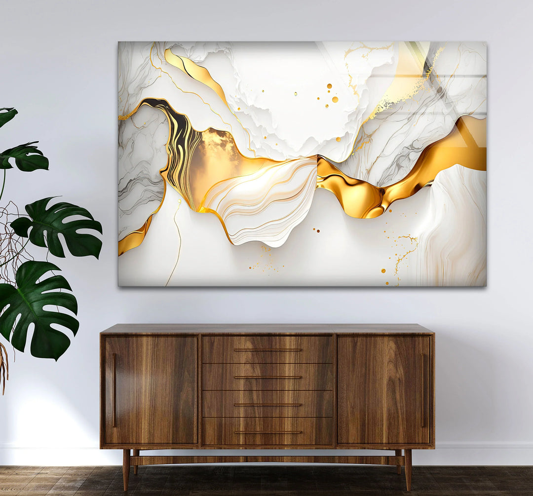 White and Gold Abstract Wall Art – Luxury Fluid Marble Glass Print for Modern Glam Interiors and Chic Living Spaces - MyPhotoStation