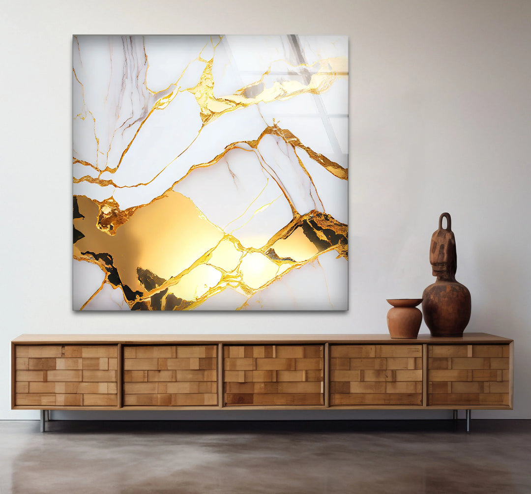 White and Gold Marble Wall Art – Luxury Glass Print for Elegant Interiors - MyPhotoStation