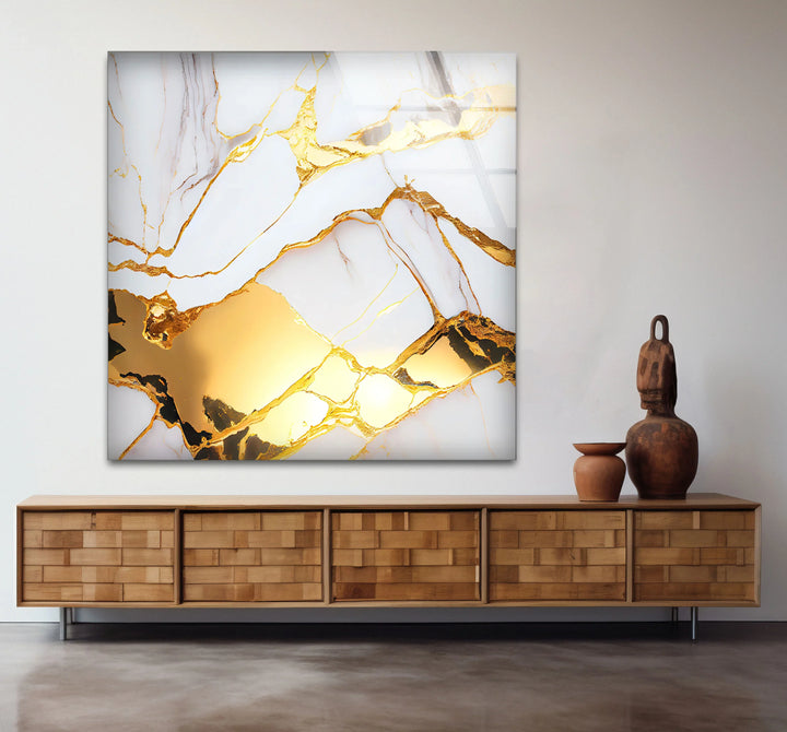 White and Gold Marble Wall Art – Luxury Glass Print for Elegant Interiors - MyPhotoStation