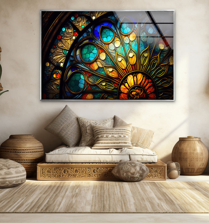 Buntglasfensterkunst – Elegantes gotisches Rosettenfenster-Design