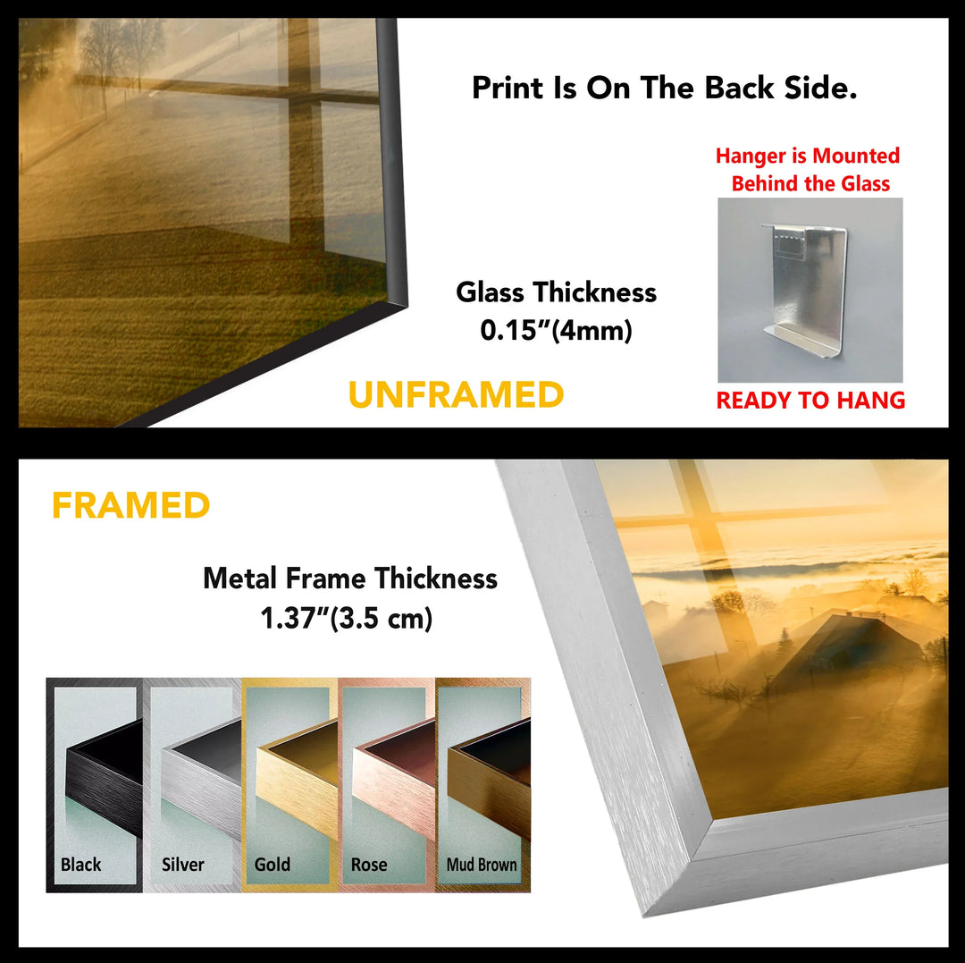 Golden Sunrise Over Foggy Countryside – Serene Morning Landscape Glass Wall Art - MyPhotoStation