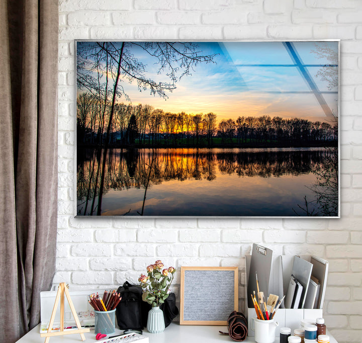 Sunset Forest Reflection Wall Art – Tranquil Lake Glass Print for Nature-Inspired Interiors