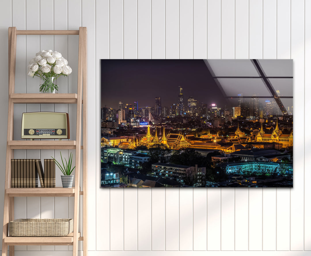Bangkok Skyline at Night Wall Art – Illuminated Temple Cityscape Glass Print