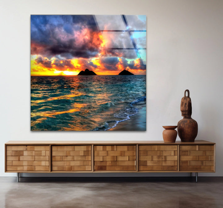 Tropical Sunset Beach Scene – Ocean Wave Glass Wall Art with Island Silhouette - MyPhotoStation