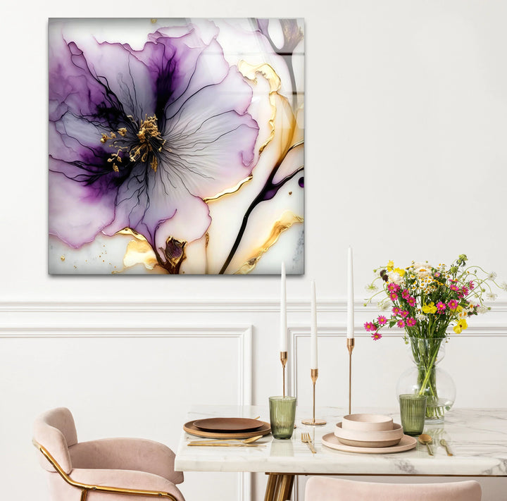 Purple and Gold Abstract Floral Wall Art – Luxury Glass Print for Elegant Interiors - MyPhotoStation