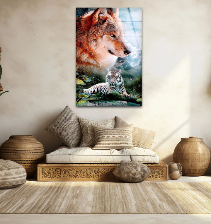 Wolf and White Tiger Wall Art – Majestic Animal Duo Nature Glass Print for Bold Decor - MyPhotoStation