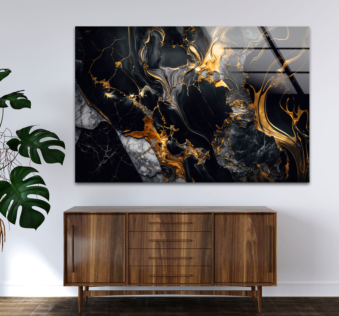 Black Marble Gold Flow Wall Art – Luxury Abstract Glass Print for Modern Interiors