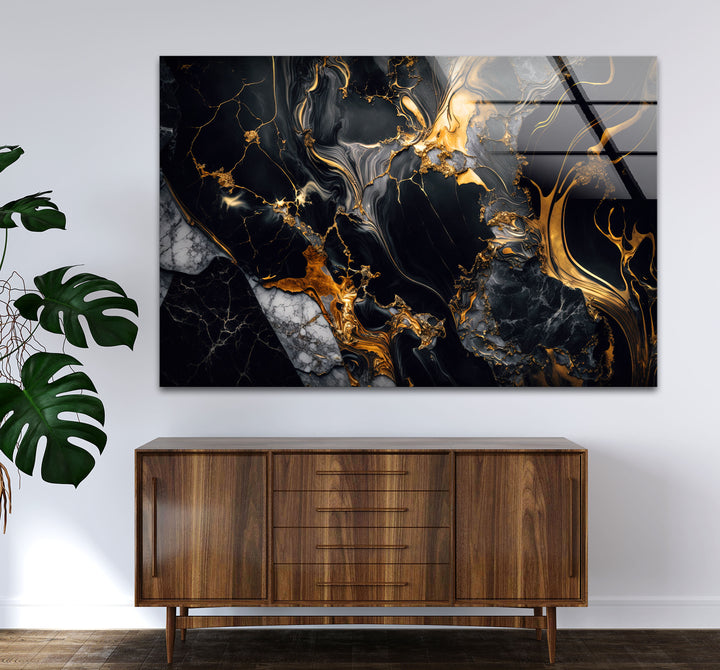 Black Marble Gold Flow Wall Art – Luxury Abstract Glass Print for Modern Interiors