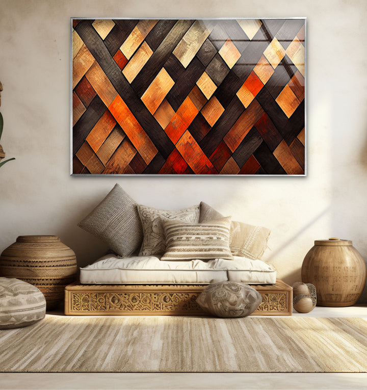 Rustic Wood Pattern Glass Wall Art – Geometric Wooden Texture Design
